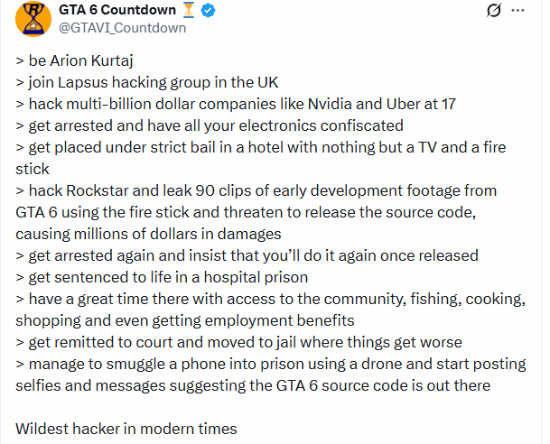 离谱!17岁黑客只用电视棒黑入《GTA6》入狱还能玩手机