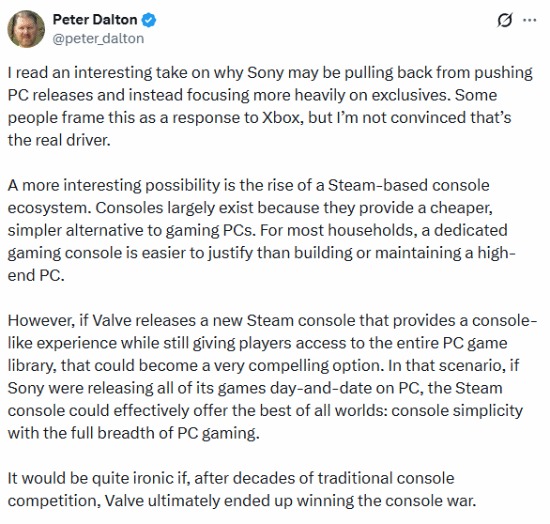 前蓝点工作室高管称：索尼重回独占是害怕被Steam摘桃